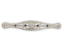 14k FIligree Diamond Bar Pin w/Platinum Synthetic Lab-Created Sapphires (#J6956)