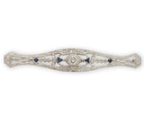 14k FIligree Diamond Bar Pin w/Platinum Synthetic Lab-Created Sapphires (#J6956)
