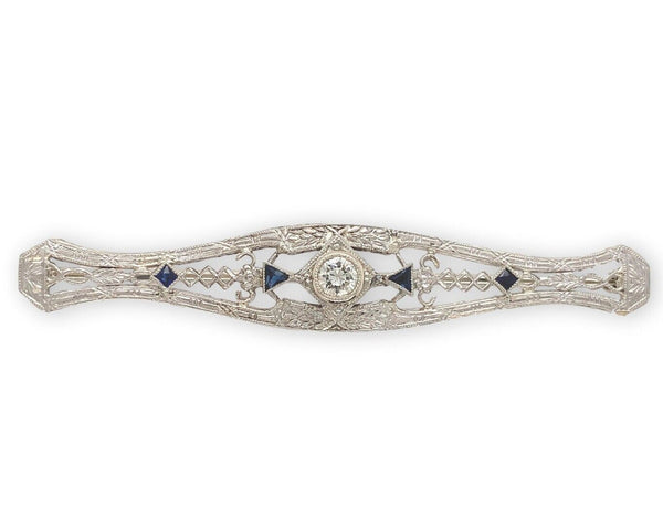 14k FIligree Diamond Bar Pin w/Platinum Synthetic Lab-Created Sapphires (#J6956)