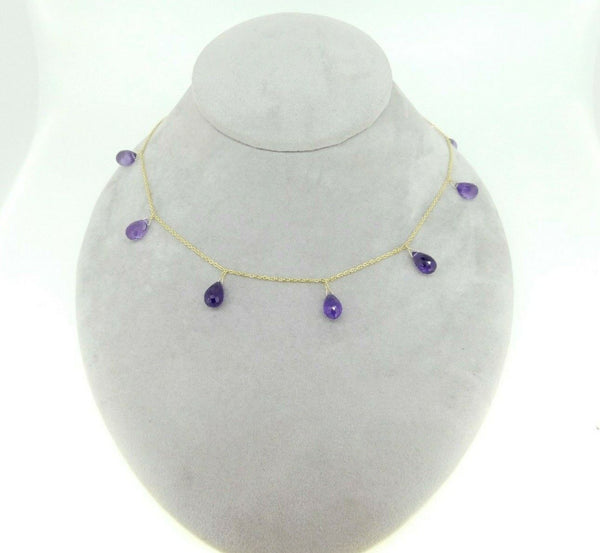 14k Yellow Gold 34 Carat Genuine Natural Amethyst Briolette Necklace (#J4481)