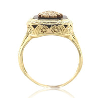 14k Yellow Gold Floral Filigree Genuine Natural Black Onyx Ring w/Emblem #J6777
