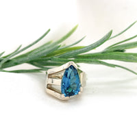 14k White Gold Heavy Modern Custom Genuine Natural Blue Topaz Ring (#J7313)