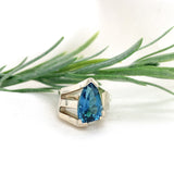 14k White Gold Heavy Modern Custom Genuine Natural Blue Topaz Ring (#J7313)