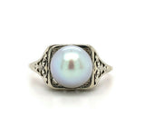 18k White Gold Art Deco 8mm Pearl Filigree Ring (#J5450)