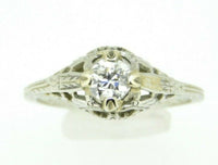 Art Deco 18k White Gold Filigree Genuine Natural Diamond Ring .37ct  (#J741)