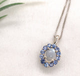 14k White Gold 1.25 Carat Genuine Natural Moonstone Blue Sapphire Pendant #J7186