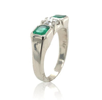 14k White Gold Genuine Natural Emerald Diamond 3-Stone Ring w/GIA Report #J6810