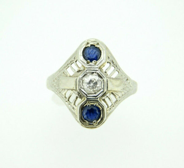Art Deco 18k Gold Genuine Natural Diamond and Sapphire Filigree Ring (#J4449)