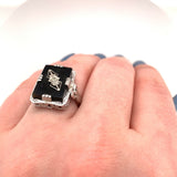 14k White Gold Filigree Genuine Natural Black Onyx and Diamond Ring (#J5573)