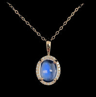 14k Yellow Gold 1.84 Carat Blue Flash Genuine Moonstone Diamond Pendant (#J7334)