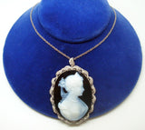18k White Gold Genuine Natural Agate Stone Cameo Diamond Pendant (#J2463)
