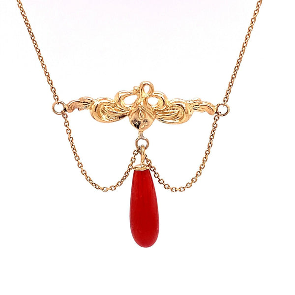 14k Yellow Gold Nouveau Iris Genuine Natural Coral Festoon Necklace (#J4850)