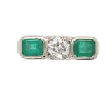 14k White Gold Genuine Natural Emerald Diamond 3-Stone Ring w/GIA Report #J6810