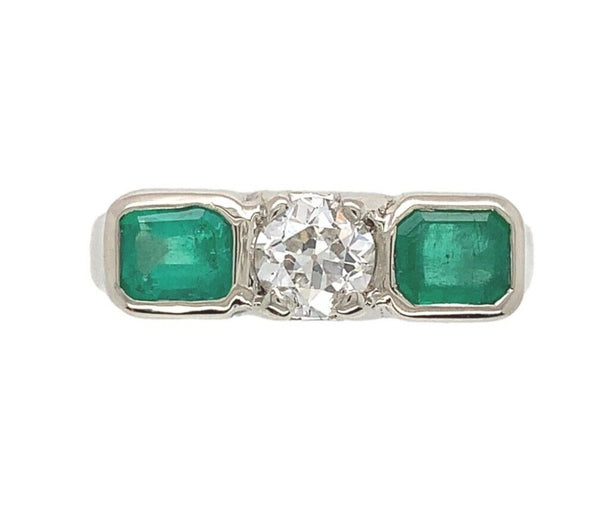 14k White Gold Genuine Natural Emerald Diamond 3-Stone Ring w/GIA Report #J6810