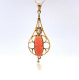 10k Yellow Gold Coral Cameo Lavaliere Pendant (#J5461)