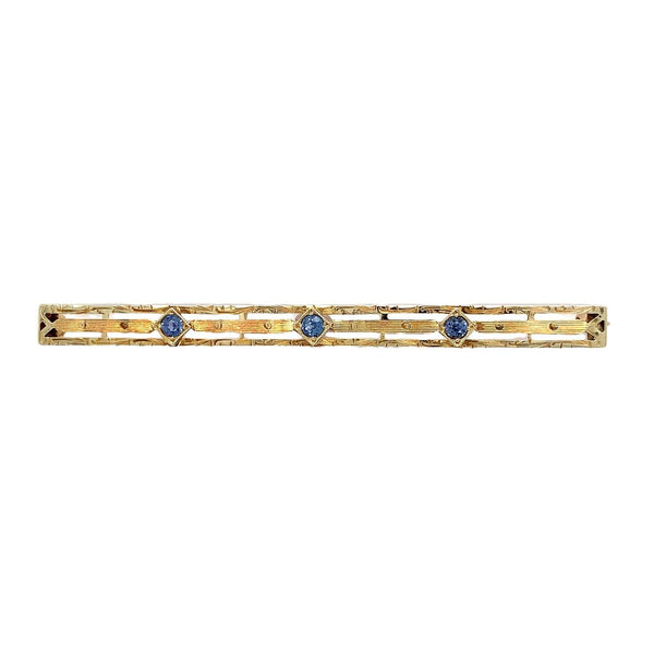14k Yellow Gold Genuine Montana Sapphire Bar Pin Gillouche Engraving (#J6876)