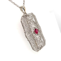14k White Gold Art Deco Genuine Natural Ruby Filigree Pin Pendant (#J5601)