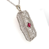 14k White Gold Art Deco Genuine Natural Ruby Filigree Pin Pendant (#J5601)