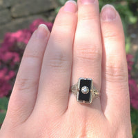 10k White Gold Genuine Natural Black Onyx and Diamond Filigree Ring (#J6212)
