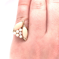 14k Yellow Gold Coral Ring with Akoya Pearls Size 5.5 Jewelry (#J5974)