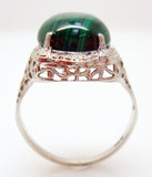 14k White Gold Oval Genuine Natural Malachite Filigree Ring (#J2900)