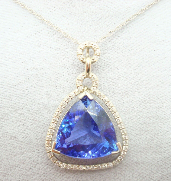 14K Gold 8.94ct Trillion Cut Genuine Natural Tanzanite Pendant w/Diamonds #J2840