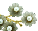 14k Yellow Gold Pin with Smoky Quartz Carved Flowers and Pearls (#J454)