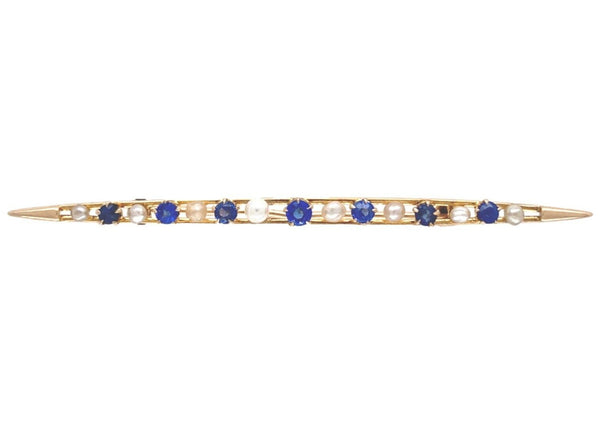 10k Yellow Gold Antique Blue Glass Doublets and Pearl Bar Pin (#J7047)