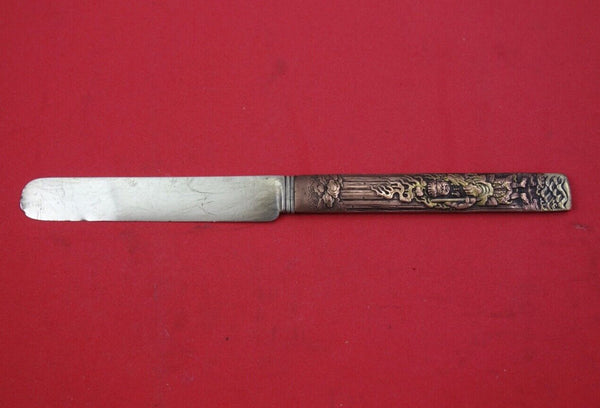 Japanese Sterling Silver Tea Knife samurai w/ gold flames bronze handle 7 3/4"