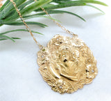 14k Gold Art Nouveau Large Figural Woman and Flowers Necklace w/Diamonds #J7432