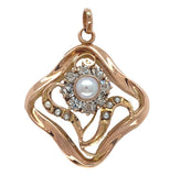 Victorian 12k Rose Gold Floral Pendant w/Pearl, Seed Pearls, Glass Stones #J7530