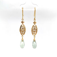 14k Gold Green Genuine Natural Prasiolite Quartz Briolette Earrings (#J5509)