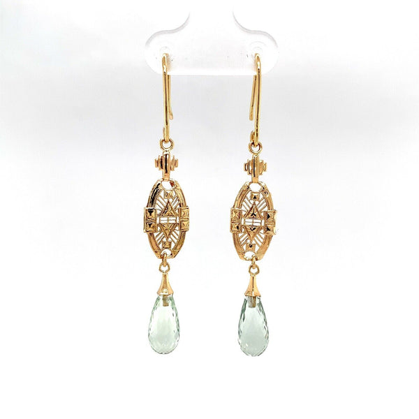 14k Gold Green Genuine Natural Prasiolite Quartz Briolette Earrings (#J5509)