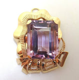 Retro 14k Gold Pin Pendant with Huge 36 Carat Genuine Natural Amethyst (#J3622)