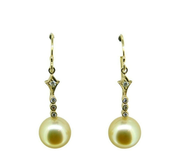 14k Yellow Gold 9.5mm Golden South Sea Pearl Dangle Earrings (#J4615)