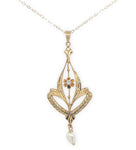 10k Yellow Gold Diamond Lavaliere Pendant with Pearl Drop and 14k Chain (#J6973)