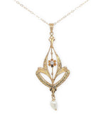 10k Yellow Gold Diamond Lavaliere Pendant with Pearl Drop and 14k Chain (#J6973)