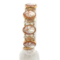 14k Yellow Gold Genuine Natural Shell Cameo Bracelet with Carved Roses (#J6895)