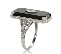 14k White Gold Filigree Genuine Natural Black Onyx and Diamond Ring (#J6612)