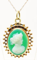 14K Gold Green Genuine Natural Cameo Pendant (#J3372)
