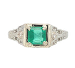 18k Gold Art Deco Filigree .70ct Genuine Natural Emerald Diamond Ring (#J6807)