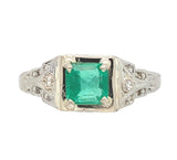 18k Gold Art Deco Filigree .70ct Genuine Natural Emerald Diamond Ring (#J6807)