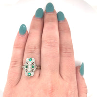 18k 3-Stone Diamond Filigree Ring with Synthetic Lab-Created Emeralds (#J5827)