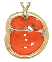 14k Yellow Gold Carved Birds Genuine Natural Coral Pin Brooch Pendant (#J7340)