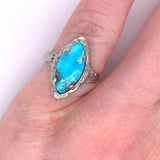 14k Gold Art Deco Genuine Natural Turquoise Marquise Filigree Ring (#J5187)