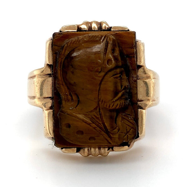10k Yellow Gold Genuine Natural Tiger's Eye Quartz Cameo Men's Ring (#J5890)