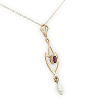 10k Gold Lavaliere with Pearl Drop and Red Glass Accent with 14k Chain (#J6678)