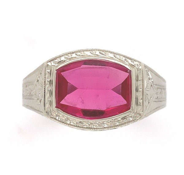 14k White Gold Men's Synthetic Lab-Created Ruby Ring w/ Hand Engraving (#J6643)