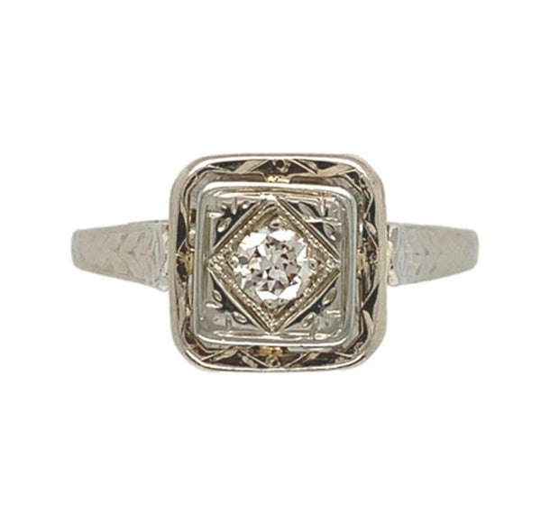 18k White Gold Art Deco Genuine Natural Diamond RIng Hand Engraved 5 (#J7290)