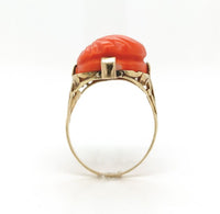 14k Yellow Gold Filigree Genuine Natural Coral Cameo Ring Size 9.25 (#J6298)